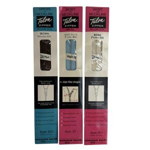 Talon 7-14in Zippers Vintage 3pc Set Nylon Coil Metal Brown Blue Bone USA Made
